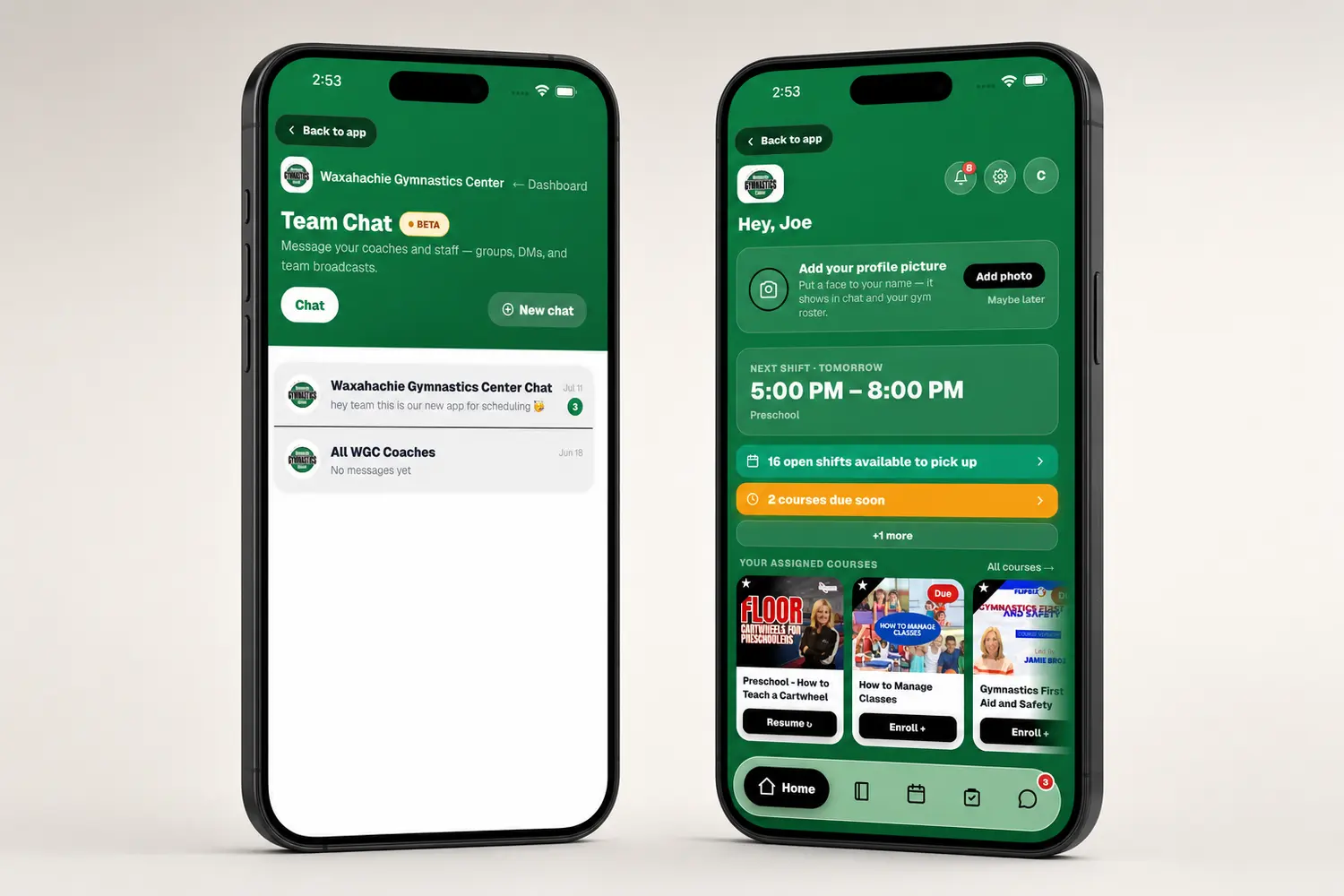 FlipBiz Team Chat on one phone and a coach’s staff home with their next shift on the other