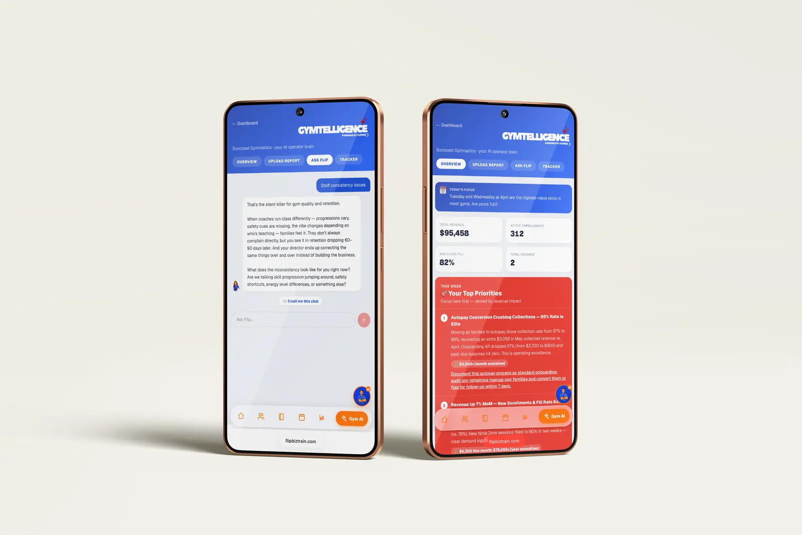 Gymtelligence on two phones: Ask Flip, and the gym’s numbers with its top priorities