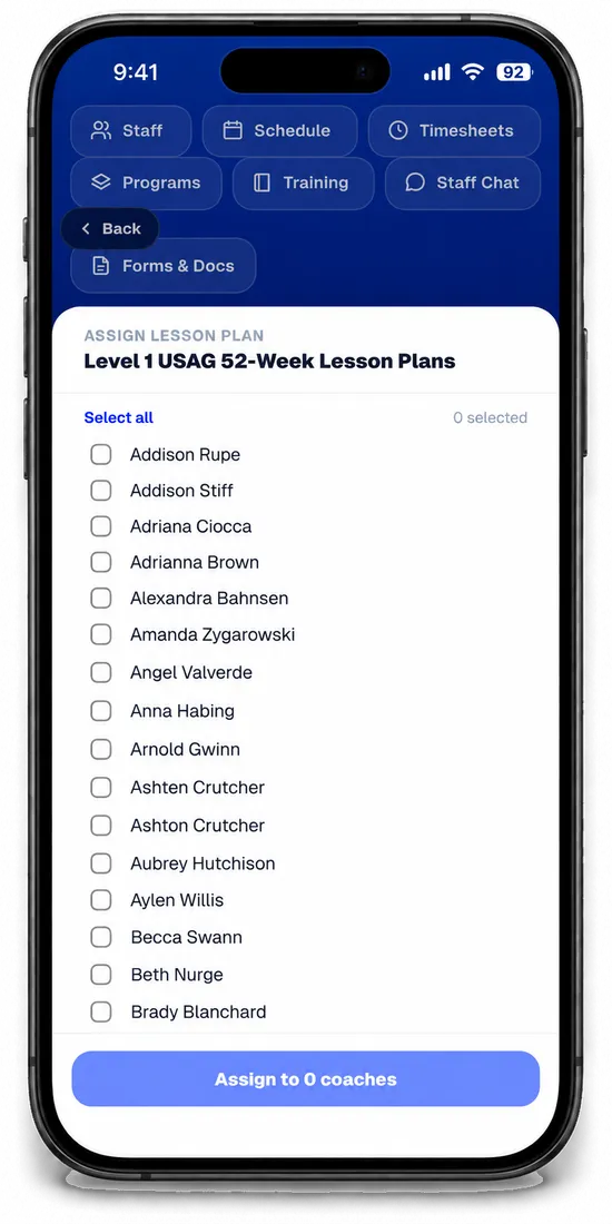 Assigning a Level 1 lesson plan to coaches from the staff list