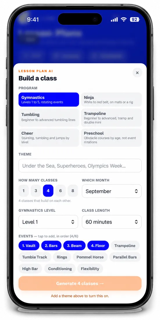 Lesson Plan AI: build a class by program, theme, number of classes, level, length and events