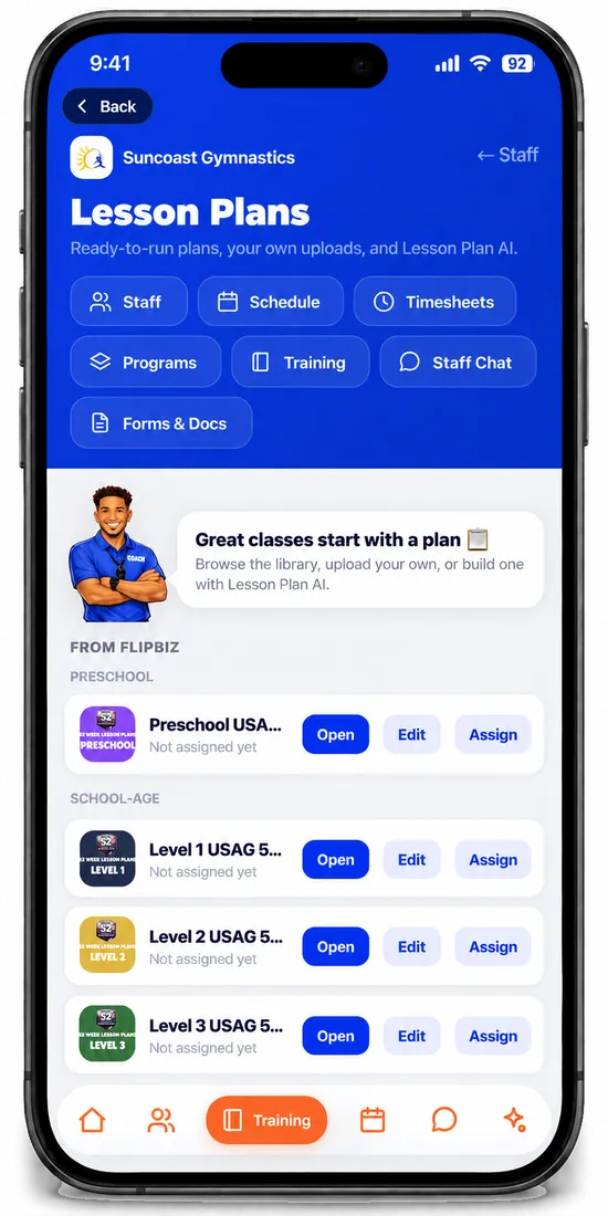 The lesson plan library with Open, Edit and Assign on every plan