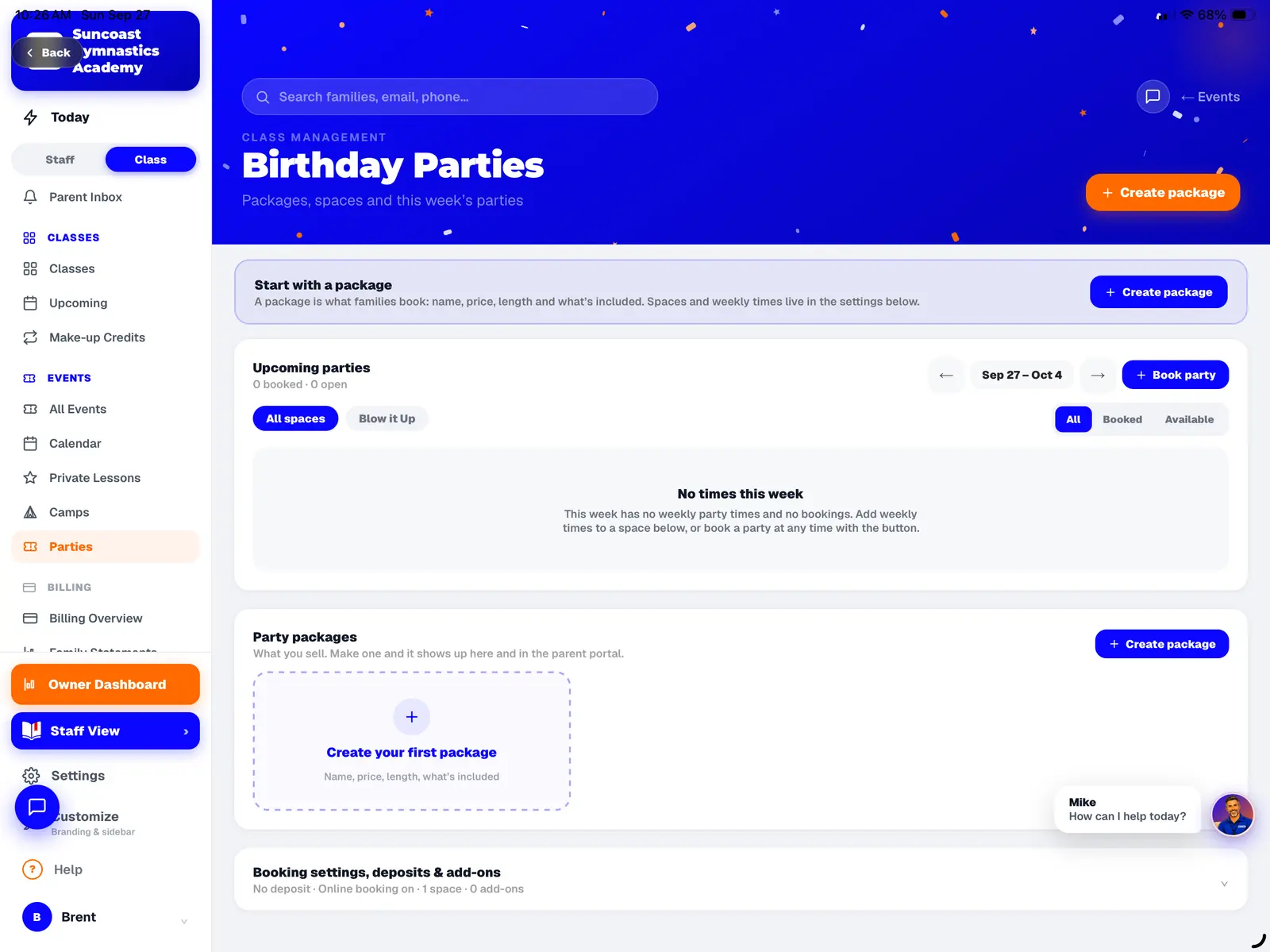 The Birthday Parties board on an iPad: party packages, the week’s upcoming parties by space, and booking settings for deposits and add-ons